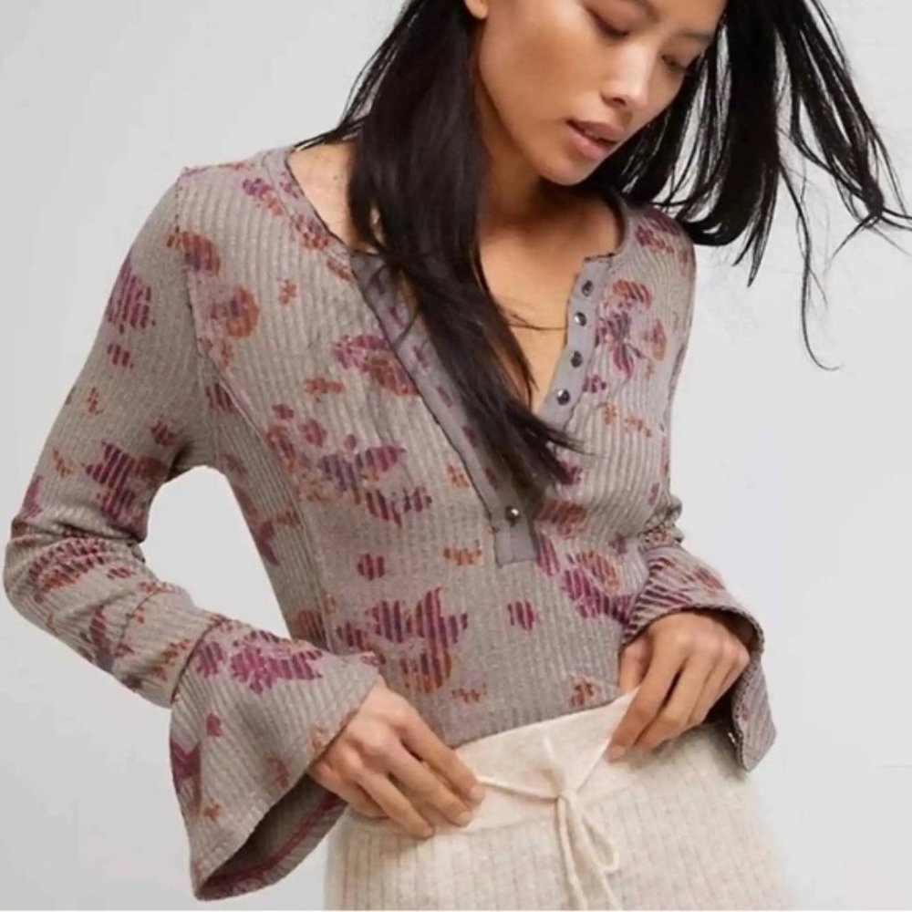 Free People Layer Me Ribbed Henley Long Sleeve Button Top Grey Bell Sleeves Boho